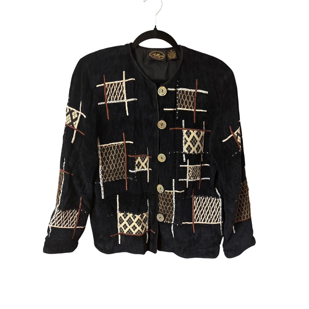 Allure Boutique Black Embroidered Abstract Patchwork Jacket Vintage‎ Art Wear S